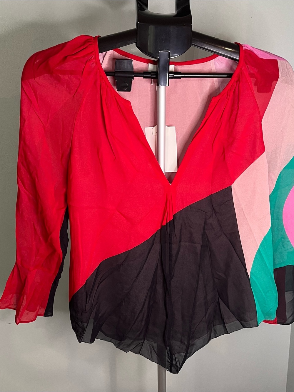 Joie Colorblock V-Neck Blouse in Red, Black & Pink XS sheer